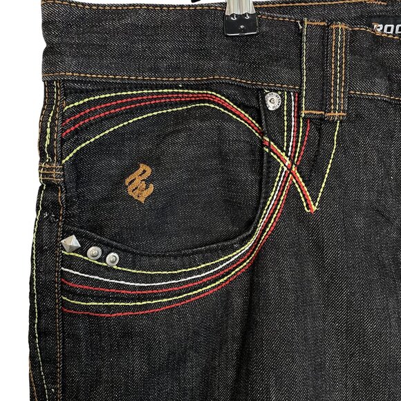 Rocawear Mens Black Denim Jeans W/ Colorful Stitching, 38 - Picture 7 of 12